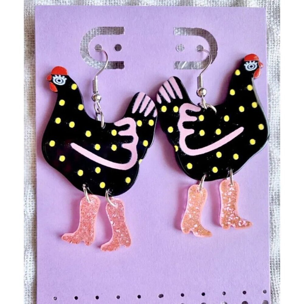 New Black & Pink Chicken w/ Glitter Pink Cowboy Boots Retro 80s Style Earrings